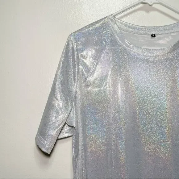 Gray Rainbow Sparkle Short Sleeve Crew Neck Top - Picture 4 of 12